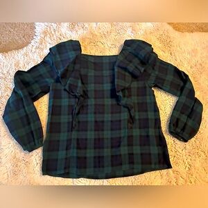 J. Crew Green and Navy plaid Ruffled Long Sleeve Blouse - XS